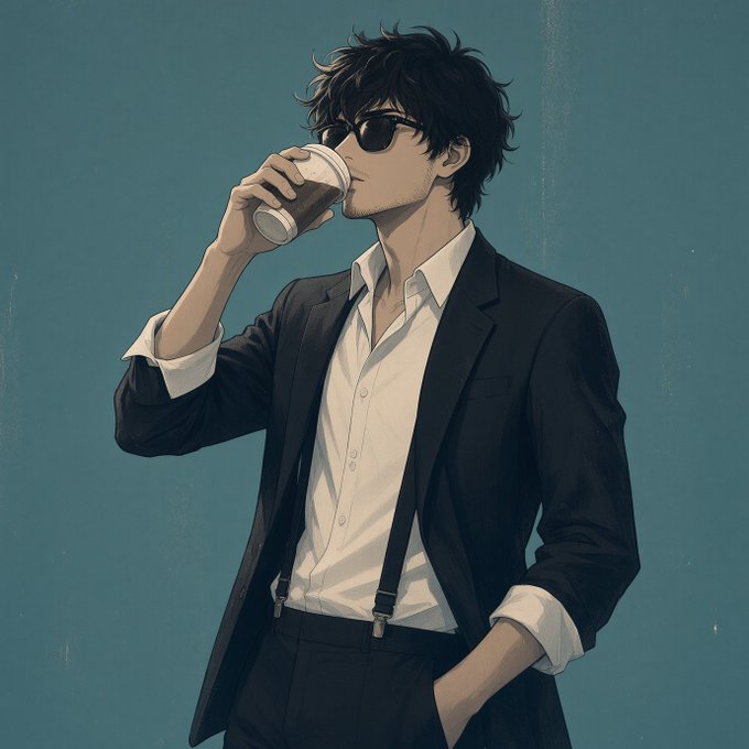An anime-style illustration shows a man in a black suit jacket, white dress shirt, and sunglasses sipping from a paper coffee cup against a teal background, projecting a cool, composed demeanor that visually reinforces the post's message about how surface appearances (like a private chat) mask the revealing metadata of who, when, and how often someone communicates.