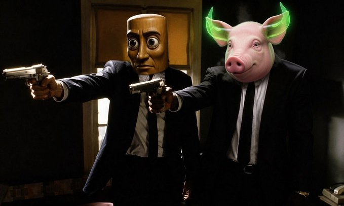 Two figures in dark suits aim handguns; one wears a wooden mask with wide eyes, the other wears a pig mask with glowing green ears.