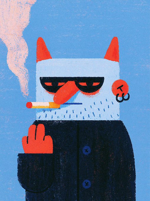A stylized illustration of a blue-faced character with red horns, wearing dark sunglasses and smoking a cigarette, with a red hand making a gesture on their chest.