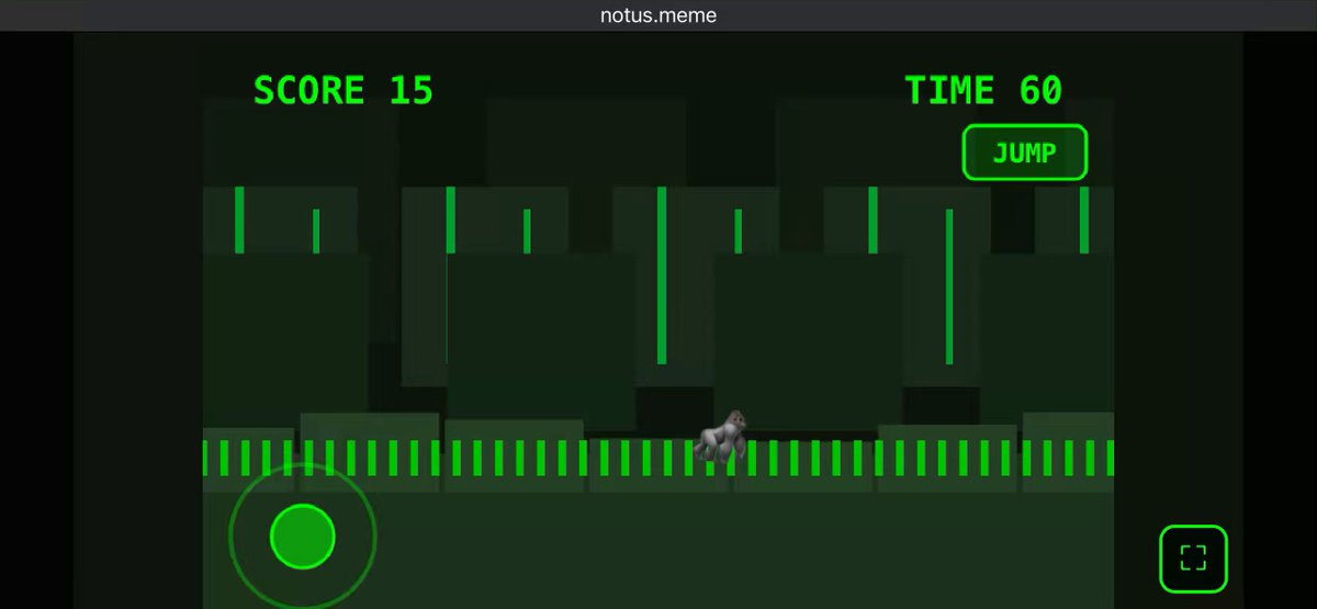 The image shows a screen with a game called "Notus Run", which appears to be an interactive game, possibly for a mobile device or a gaming console like the Nintendo Wii. The game has a green background that resembles a cityscape, and there is a small gray cat in the center of the screen. The player's score is displayed as 15, indicating their current performance level within the game.