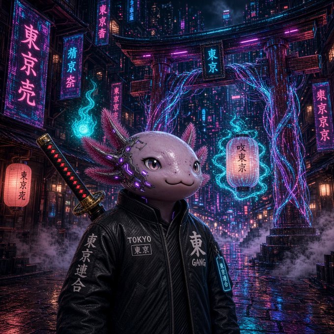 A cyberpunk-style digital artwork featuring an axolotl character wearing a black leather jacket labeled 'TOKYO' and '東京', with a katana on its back, set against a neon-lit Tokyo street with signs reading '東京' and '咬東京'.