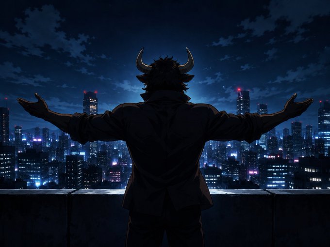 A horned figure in a black suit stands with arms outstretched on a rooftop, overlooking a sprawling nighttime city skyline filled with glowing skyscrapers.

The image's triumphant, commanding pose overlooking the city at night visually reinforces the post's call for $ANSEM holders to "start trading" on BullpenFi—evoking a sense of empowerment, dominance, and seizing opportunity in the crypto market.