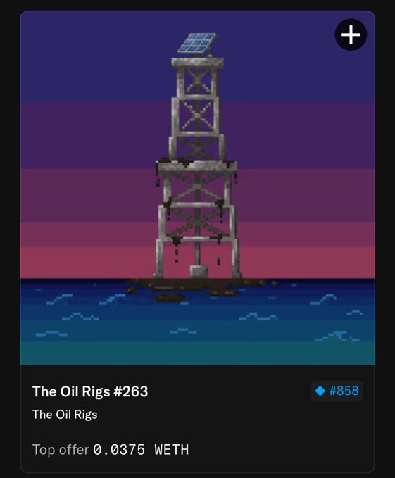 An NFT listing titled "The Oil Rigs #263" displays a digital rendering of an offshore oil rig against a purple and pink sunset, with a top offer of 0.0375 WETH.
