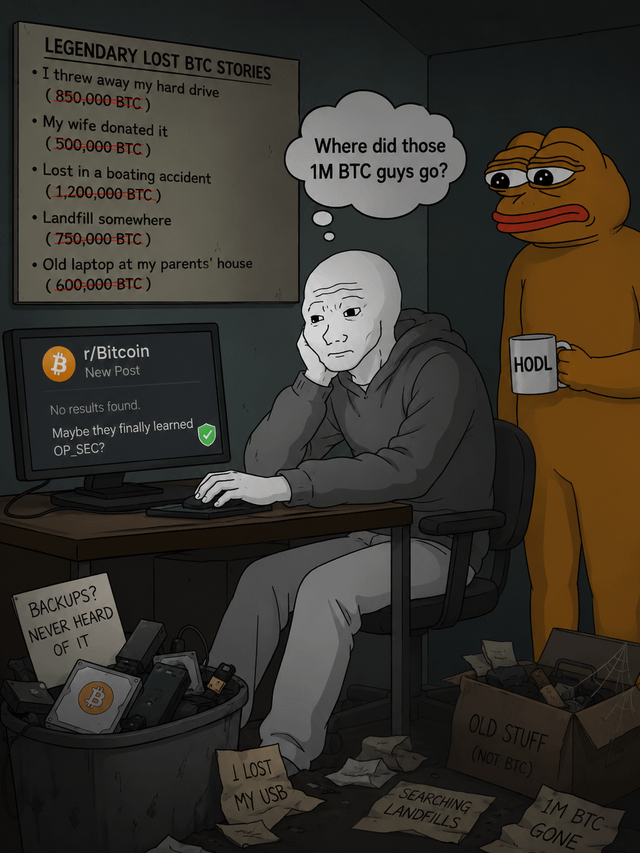 A meme illustration of a Wojak at a computer wondering 'Where did those 1M BTC guys go?' with a list of 'Legendary Lost BTC Stories' including a hard drive (850,000 BTC) and a boating accident (1,200,000 BTC).