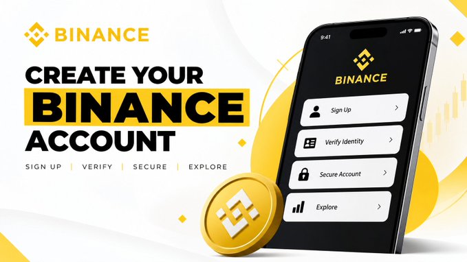 The image is a promotional graphic for Binance, featuring the company's logo in the top-left corner and the bold headline "CREATE YOUR BINANCE ACCOUNT" alongside a tagline listing four steps: "SIGN UP | VERIFY | SECURE | EXPLORE." On the right, a smartphone displays the Binance app interface with a black screen showing four menu options—Sign Up, Verify Identity, Secure Account, and Explore—each accompanied by an icon, while a gold Binance coin and candlestick chart graphics decorate the background, visually reinforcing the post's tutorial on the Binance account setup and KYC process.