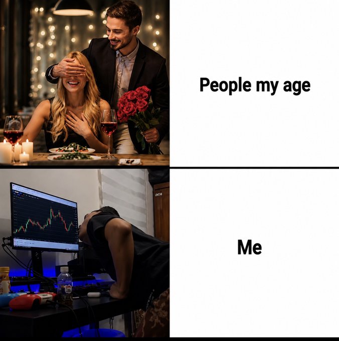 A two-panel meme contrasting 'People my age' enjoying a romantic dinner with roses, with 'Me' slumped over a desk watching stock charts on a monitor.