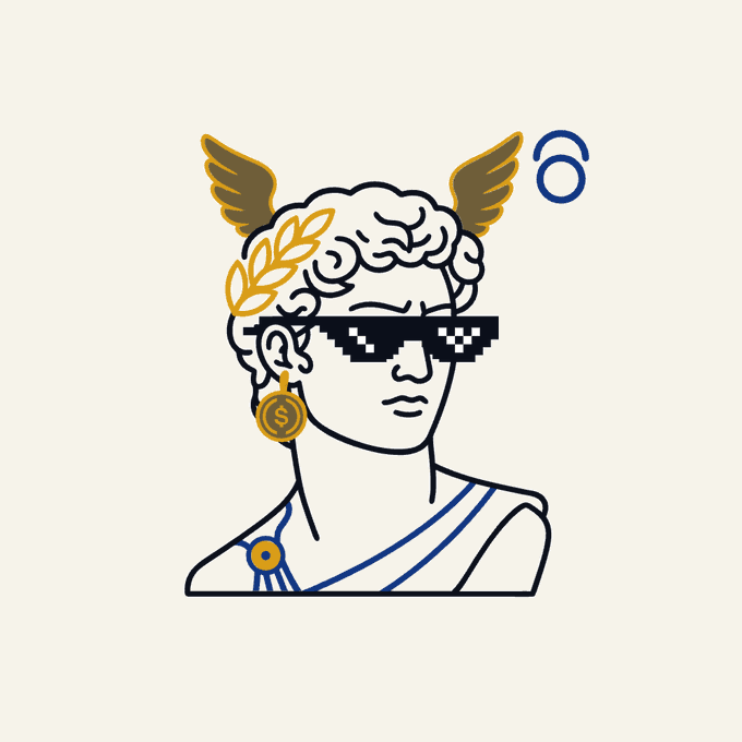 A classical Greek-style bust illustration wearing pixelated "deal with it" sunglasses, golden laurel wreath, winged helmet, and a dollar-sign earring, with a small blue "@" symbol floating to the upper right. The blend of ancient statuary aesthetics with modern crypto and meme motifs (the sunglasses, dollar earring, and @ symbol) visually reinforces the post's message of fusing timeless themes with contemporary Web3 culture ("GM AKARII! Noise is temporary. Still building on @Arc").