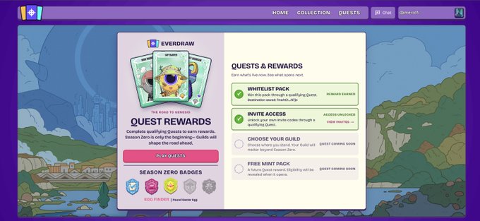 The image displays the "Everdraw" Quests & Rewards page for Season Zero, highlighting the Quest Rewards feature with a "Play Quests" button and Season Zero Badges (including the ESG Finder and Poofcaster Egs).

The image relates to the post as it showcases the Everdraw platform where the user is likely automatically farming quests and rewards across multiple accounts.