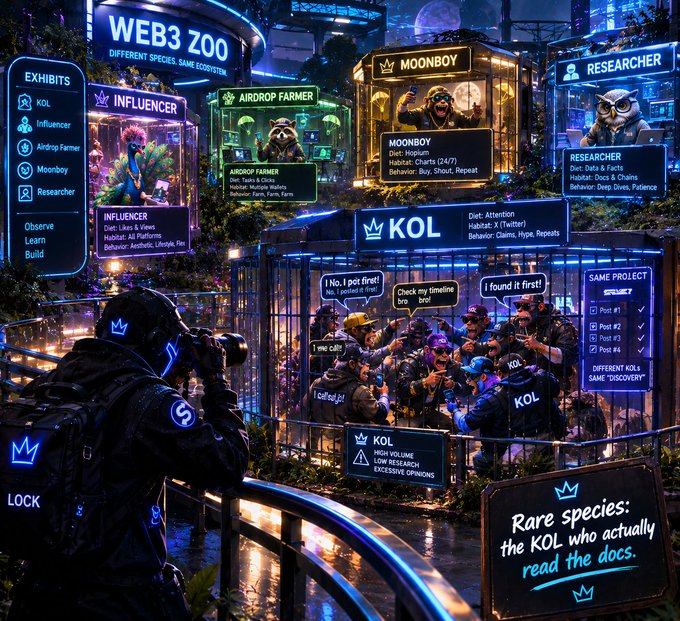 A cyberpunk-style AI-generated image of a "WEB3 ZOO" with caged exhibits labeled "INFLUENCER", "AIRDROP FARMER", "MOONBOY", and "RESEARCHER", featuring a sign that says "Rare species: the KOL who actually read the docs."