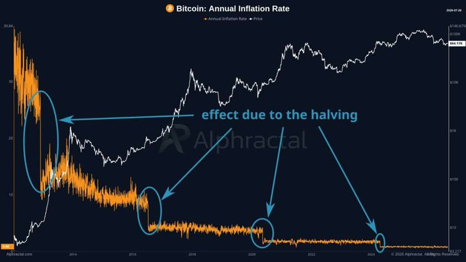 A dark-themed line chart titled 'Bitcoin: Annual Inflation Rate,' showing historical price and inflation with blue annotations pointing to the 'effect due to the halving'.