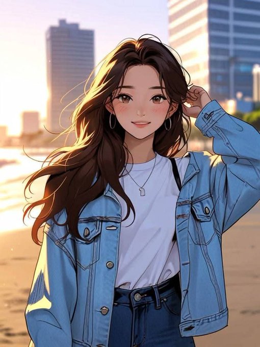 The image features a woman with long brown hair wearing a denim jacket, jeans, and a white t-shirt. She has her hand up to her head, possibly posing for a photo or just enjoying the moment. The background of the image shows an urban cityscape with tall buildings in the distance, suggesting that she might be on a beach near a city. The post also mentions a base layer built on Ethereum Layer2 blockchain and Coinbase as part of its content.