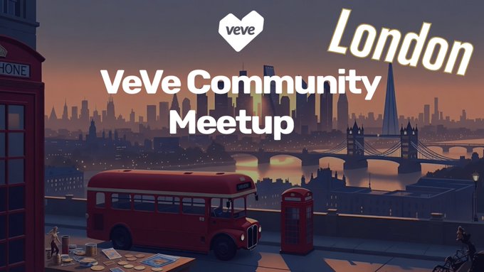A promotional graphic for a 'VeVe Community Meetup' in London, featuring an illustrated scene with a red double-decker bus, red telephone booth, Tower Bridge, and the London skyline at sunset.
