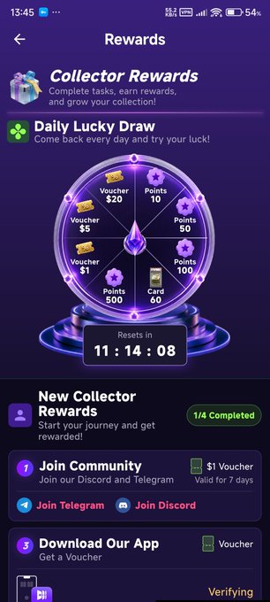 A mobile app screen titled 'Rewards' shows a 'Daily Lucky Draw' wheel with prizes like vouchers and points, alongside tasks to 'Join Community' and 'Download Our App'.