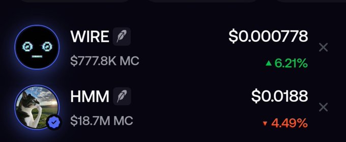 A cryptocurrency price tracker showing two tokens: WIRE at $0.000778 ($777.8K MC, ▲ 6.21% green) and HMM at $0.0188 ($18.7M MC, ▼ 4.49% red), both with edit pencil icons.