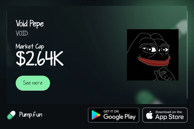 The image features a sign with text advertising a product or service named "VOIDPEPE" and its associated value. The sign also contains two thumbs up symbols and an icon of the famous meme character, Pepe, along with additional information about the app.
