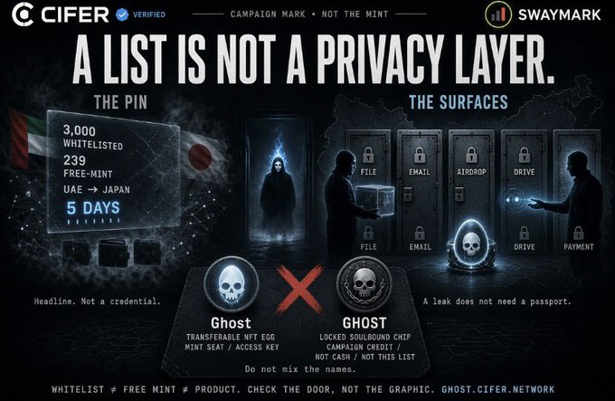 A dark, stylized infographic from CIFER (@cifer_security) promotes the message "A LIST IS NOT A PRIVACY LAYER," featuring imagery of a glowing ghost figure, locked doors labeled "FILE," "EMAIL," "AIRDROP," "DRIVE," and "PAYMENT," and text highlighting "3,000 WHITELISTED," "239 FREE-MINT," and a "5 DAYS" countdown from UAE to Japan. The post warns that being on a whitelist is not the same as having true privacy, distinguishing between "Ghost" (transferable NFT mint seat) and "GHOST" (locked soulbound credential), with the tagline "Headline. Not a credential." and "A leak does not need a passport."