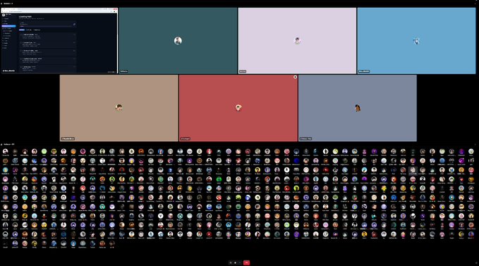 A screenshot of a virtual meeting platform (Avvy) showing six empty participant tiles at the top and a large collection of user avatars/profile pictures displayed in a grid at the bottom.