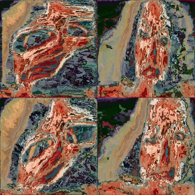 A four-panel abstract digital artwork featuring distorted, glitchy textures in orange, red, blue, and green tones.