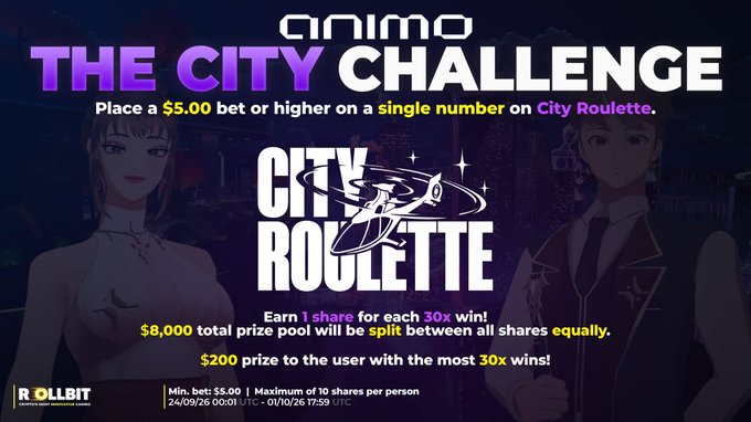 An Animo 'City Challenge' promotion for City Roulette, offering a $200 prize to users with the most 30x wins from $5+ bets on City Roulette, running from 24/09/26 to 01/10/26.
