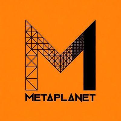 An orange graphic featuring a stylized geometric black letter 'M' with the text 'METAPLANET' displayed below it.