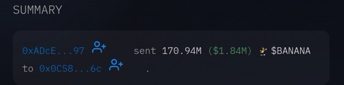 A summary box displays a transaction where wallet 0xADCe...97 sent 170.94M ($1.84M) $BANANA to 0x0C58...6c, confirming the post's description of 170M $BANANAS31 ($1.84M) being transferred from an inactive wallet to a new address.