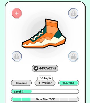 STEP'N app screenshot showing an orange Common sneaker NFT (Level 9, Walker type) with 100.0/100.0 energy, moving at 1-6 km/h, with Shoe Mint 2/7.