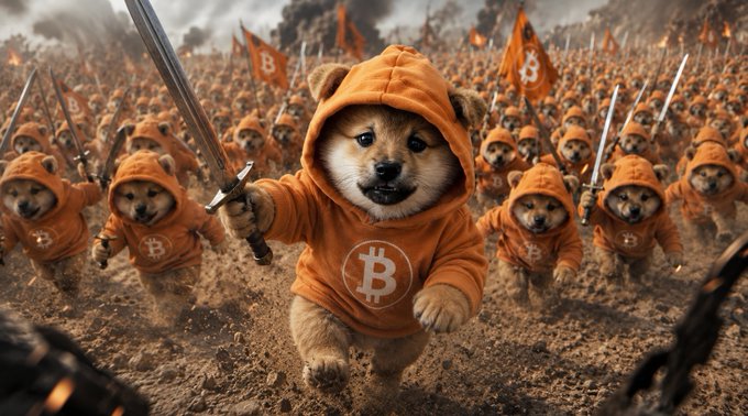 The image features a group of dogs wearing orange hoodies, each holding a sword and standing together as if they are soldiers ready for battle. The background shows a scene with numerous swords scattered around, indicating that this could be an action-packed movie or video game setting. The caption at the bottom of the image reads "Evil forces have invaded the crypto markets $DOG is how we defeat them Join us as we fight for decentralization and fairness in a world plagued by centralization and corruption Together we will bask in the glory of victory".