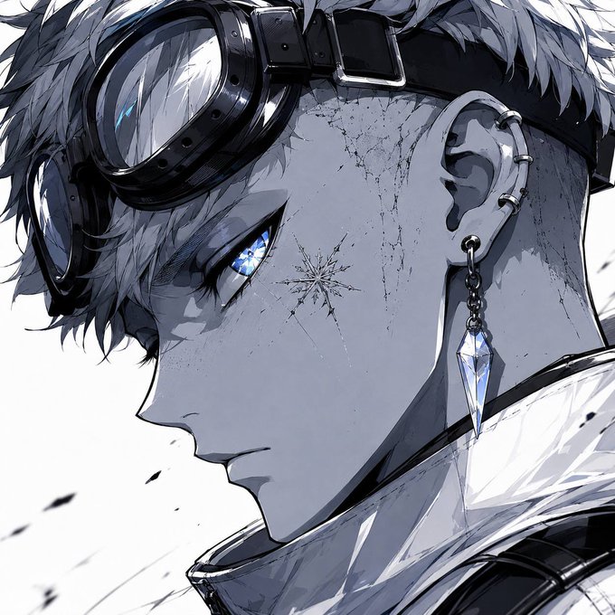 An anime-style illustration of a character with grey hair, blue eyes, wearing a crystal earring, with star-shaped markings on their cheek and goggles on their head.