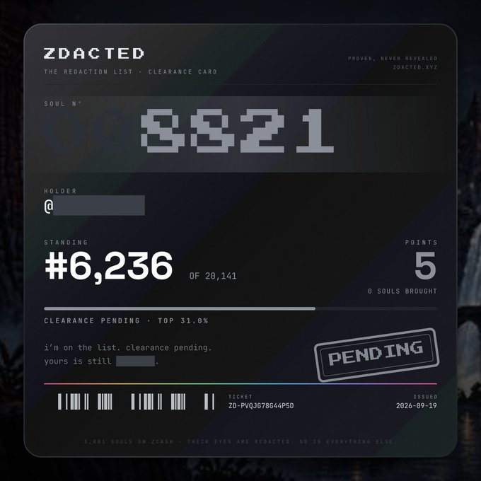 A digital 'ZDACTED' clearance card showing Soul N° 8821, Holder '@', Standing #6,236 of 20,141, with a 'PENDING' stamp and ticket ZD-PVQJ6G78644P50 issued 2026-09-19.