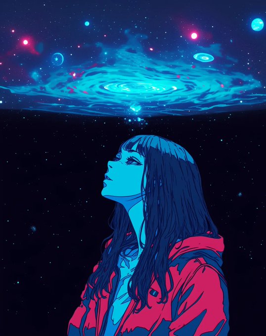 An illustration of a young woman in a red hooded jacket looking up at a glowing blue cosmic anomaly resembling a galaxy or portal in the night sky.
