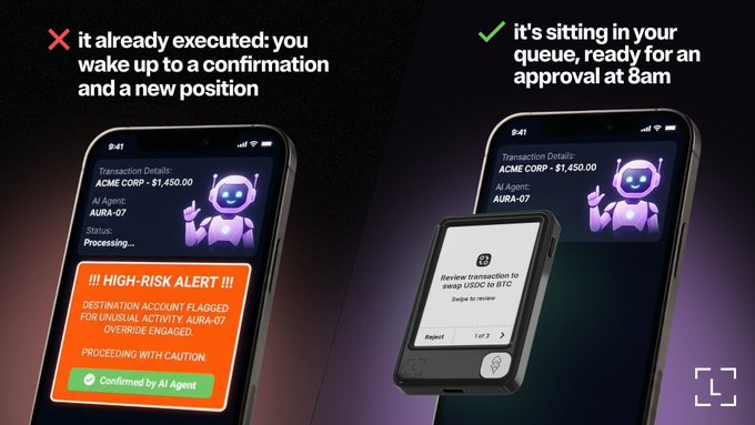 A side-by-side comparison contrasts two trading outcomes: on the left, an AI agent's high-risk transaction for ACME CORP - $1,450.00 has already executed despite a flagged destination account, leaving the user to discover a confirmation and new position upon waking; on the right, the same transaction sits queued in the queue, awaiting user approval at 8am via an "Inspect" device—visually reinforcing the post's message that the choice is yours.