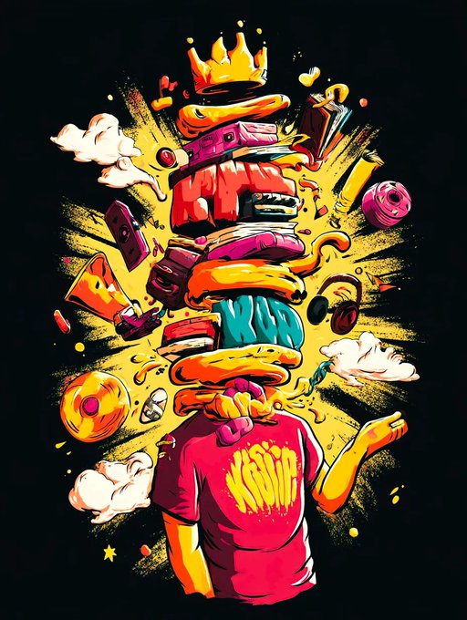 A vibrant, stylized digital illustration showing a person in a pink t-shirt from behind, balancing a chaotic, exploding tower of colorful letters, shapes, and objects topped with a golden crown.