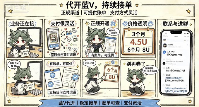 A promotional advertisement in Chinese featuring a cartoon character offering proxy account opening services for '蓝V' (Blue V), displaying pricing for 3 months (4.5U) and 6 months (8U), along with a Telegram contact.