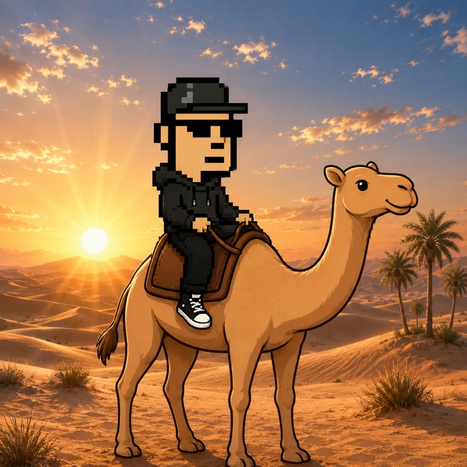 Pixel art character wearing sunglasses, a black cap, and a hoodie riding a camel through a desert landscape with palm trees and a setting sun.