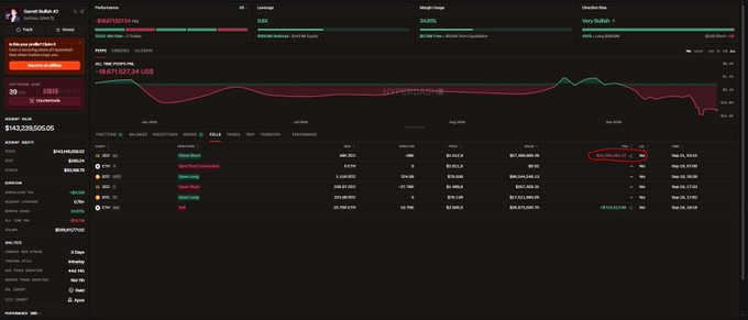 A dark-themed crypto portfolio dashboard from "ApexBull" showing a Bitcoin holdings chart, account balance of $143,239,595.05, and detailed position/balance tables.