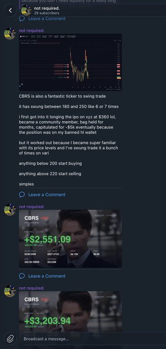 A Telegram post promotes the user's newly launched channel by sharing a screenshot of past CBRS trade call, showing buy signals near $180–200 and sell signals above $220, along with profit screenshots of +$2,551.09 and +$3,203.94. The accompanying caption invites followers to DM for an invite to receive more "regarded" trading calls covering farming, perps, NFTs, and more.