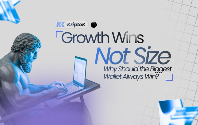 A promotional graphic from 'KriptoK' featuring a classical statue working on a laptop with the headline 'Growth Wins Not Size - Why Should the Biggest Wallet Always Win?'
