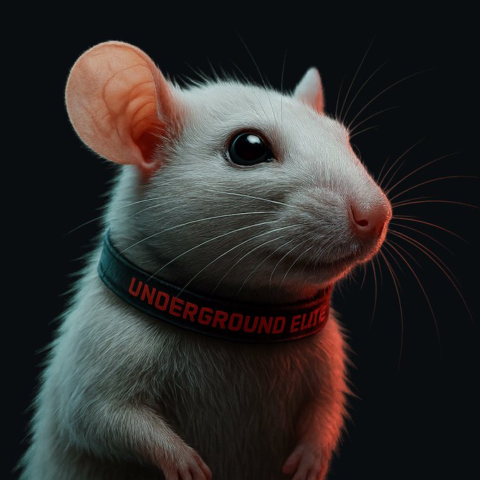 A close-up portrait of a white rat with large pink ears wearing a black collar that reads 'UNDERGROUND ELITE' in red text against a dark background.