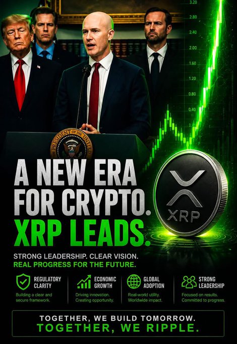 A promotional political-style poster featuring Trump and two other men at a podium, with text 'A NEW ERA FOR CRYPTO. XRP LEADS. STRONG LEADERSHIP. CLEAR VISION. REAL PROGRESS FOR THE FUTURE.' alongside an XRP coin graphic and green price chart.