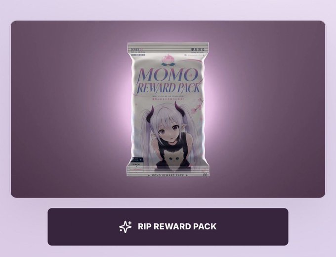 A promotional graphic for a 'MOMO REWARD PACK' featuring an anime-style character, with a 'RIP REWARD PACK' button below.