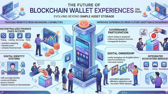 The focus of this image is a large graphic representation of various aspects related to blockchain wallet experiences. The central figures are depicted interacting with their wallets, showcasing the features and functionalities of modern wallet systems. The infographic also discusses the potential benefits that TRON DAO can derive from these advancements in asset storage and digital ownership.