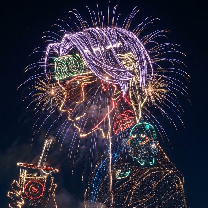 A nighttime fireworks display featuring colorful light formations, including what appears to be a hand holding a bottle and intricate purple, green, and red firework patterns.