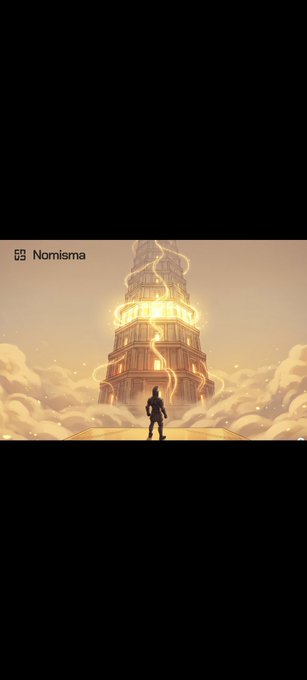 An image of the 'Nornisma' project showing a small figure standing before a glowing, twisted tower rising from the clouds at sunrise.