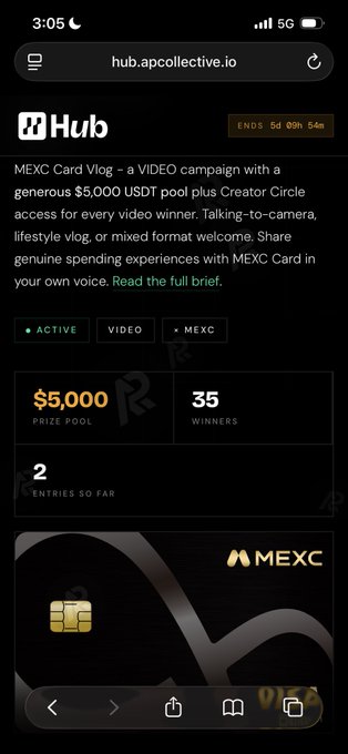 A mobile phone screenshot of the Hub website showing a MEXC Card Vlog campaign with a $5,000 USDT prize pool and 35 winners.