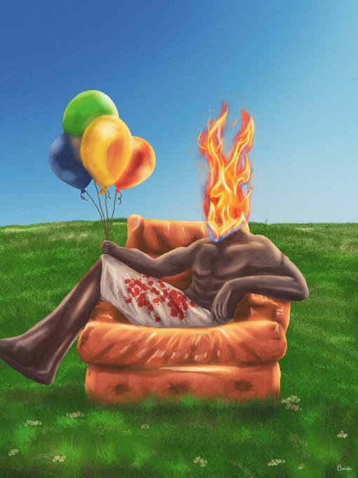 A surreal digital artwork depicting a dark-skinned figure with a head of flames lounging on a pink floral armchair in a grassy field under a blue sky, holding a bouquet of colorful balloons, wearing white pants with red floral patterns.