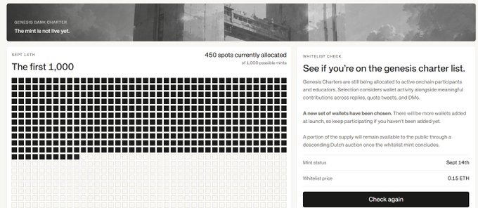 The Genesis Bank Chart website showing "The first 1,000" with 450 spots currently allocated of 1,000 possible mints, featuring a whitelist check tool with a mint price of 0.15 ETH and a "Check again" button.