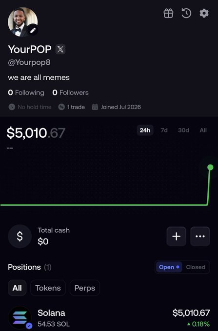 A Robinhood portfolio screenshot for user "YourPOP" (@Yourpop8) showing a balance of $5,010.67, bio "we are all memes," with a single Solana position of 54.53 SOL.