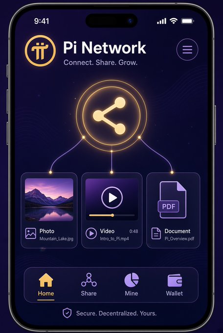 The image shows a smartphone displaying the Pi Network app interface with the tagline "Connect. Share. Grow." and showcases the new Pi.shareFile feature, highlighting options to share a photo (Mountain_Lake.jpg), video (Intro_to_Pi.mp4), and document (Pi_Overview.pdf) via the phone's native share sheet. This illustrates the post's point about Pi Network solving sharing confusion in the marketplace by allowing seamless file and video sharing directly from any Pi app.
