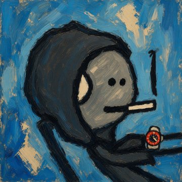 A painting in a style reminiscent of Edvard Munch's 'The Scream', depicting a hooded figure with an open mouth holding a watch against a swirling blue background.