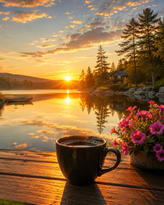 A serene sunset scene over a calm lake, featuring a cup of coffee and a pot of pink flowers sitting on a wooden dock in the foreground.
